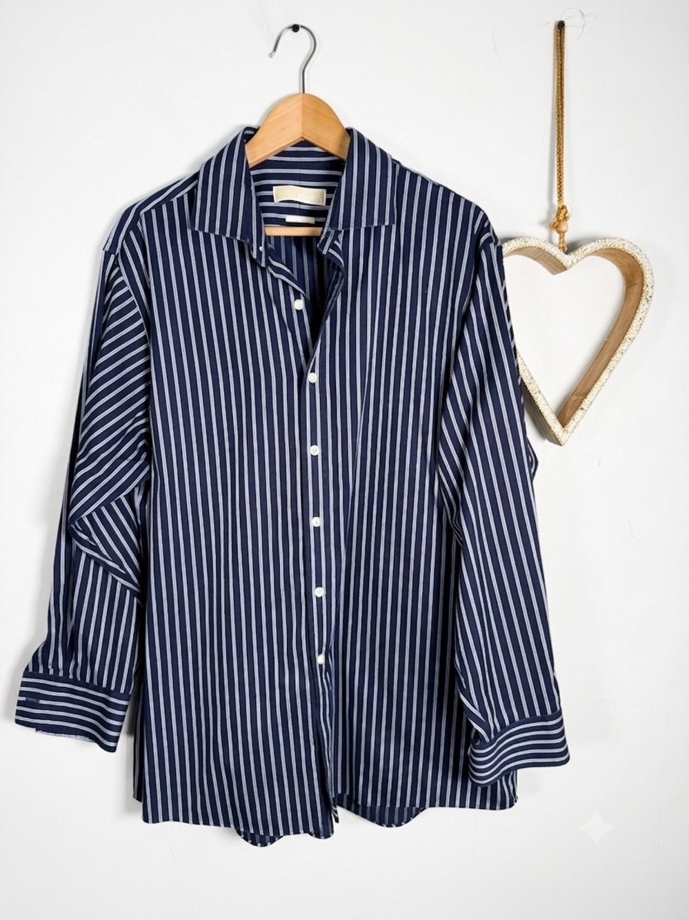 Michael Michael Kors Mens Navy Blue Prinstripe Dress Shirt Non Iron 17 32/33